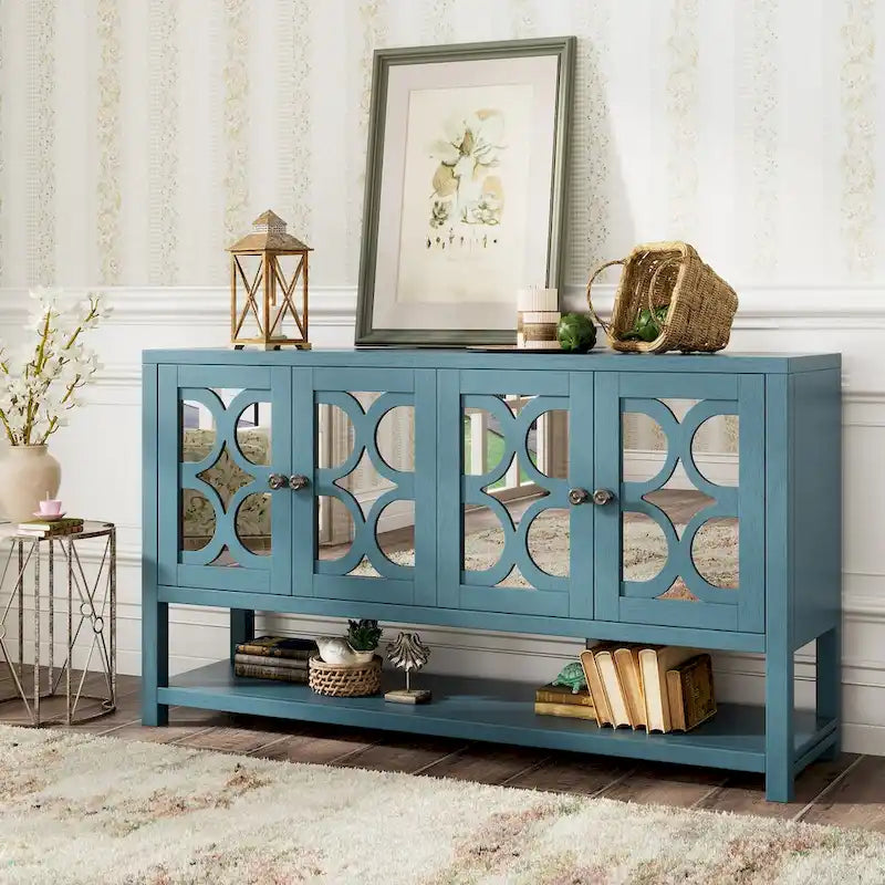 Console avec meuble de rangement, portes miroir et étagère ouverte