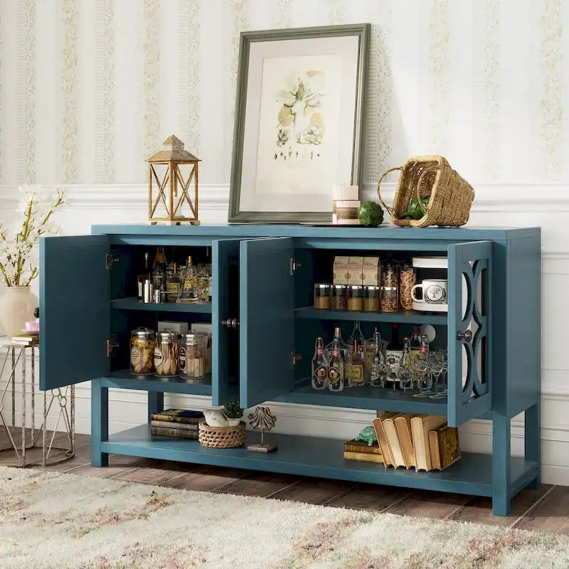 Console avec meuble de rangement, portes miroir et étagère ouverte