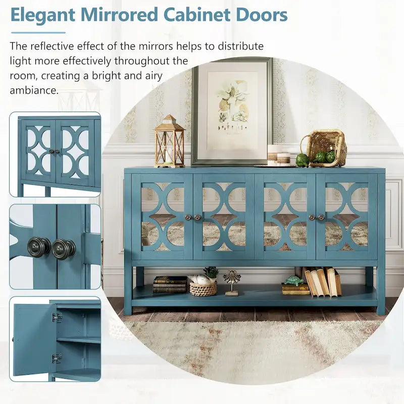 Console avec meuble de rangement, portes miroir et étagère ouverte