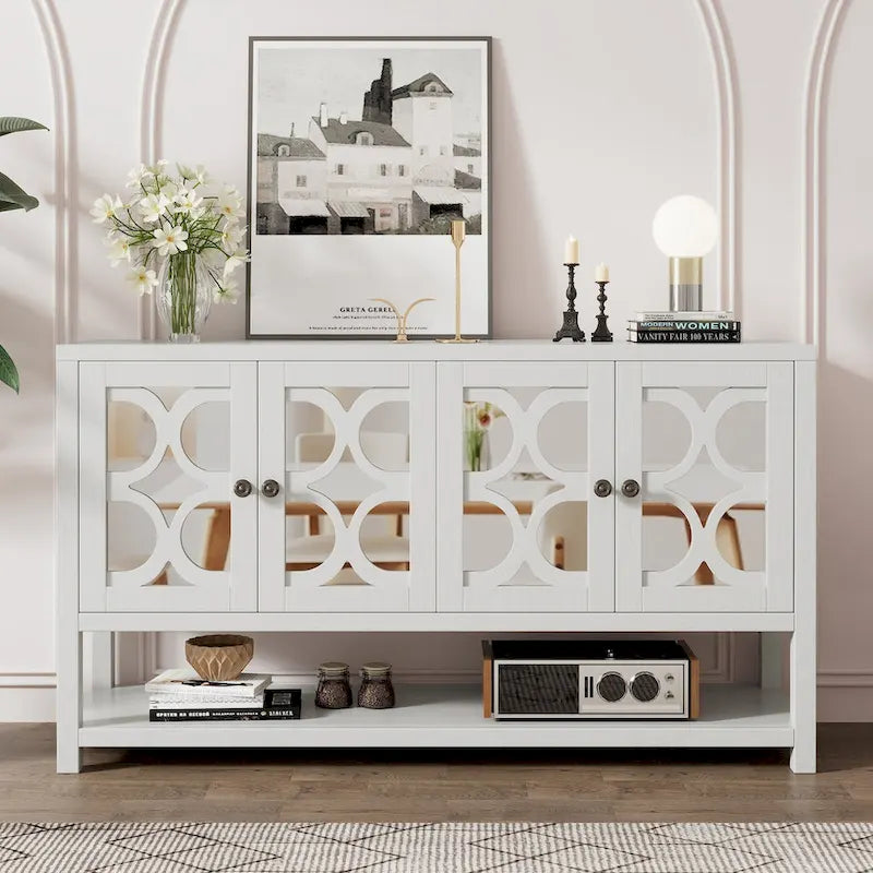 Console avec meuble de rangement, portes miroir et étagère ouverte
