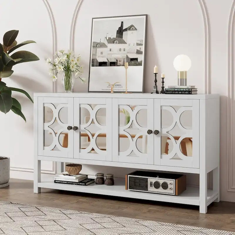 Console avec meuble de rangement, portes miroir et étagère ouverte