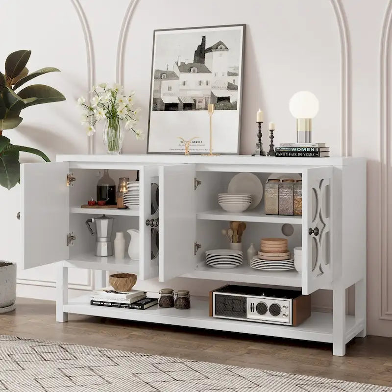 Console avec meuble de rangement, portes miroir et étagère ouverte